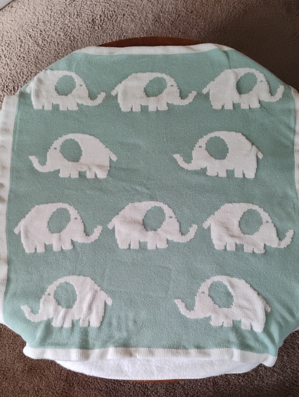 Mint Green And White Elephant Knit Baby Blanket 100% Cotton 34 Inches Square